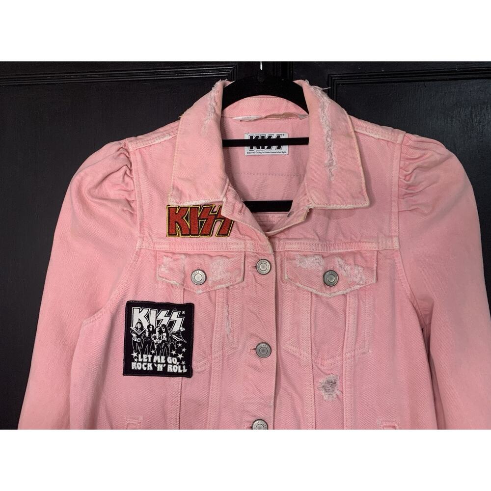Pink Distressed KISS Licensed Denim Jacket Patches LIMITED XS ZARA
